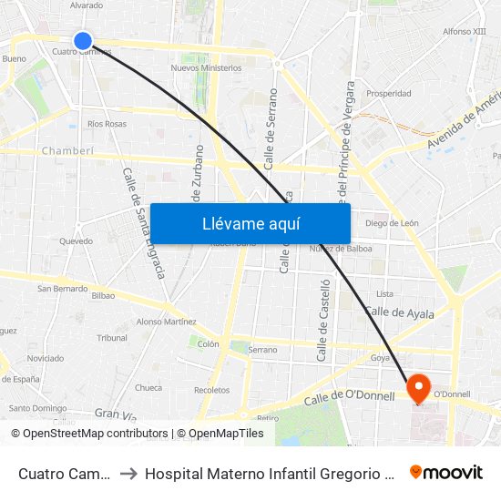 Cuatro Caminos to Hospital Materno Infantil Gregorio Marañón map