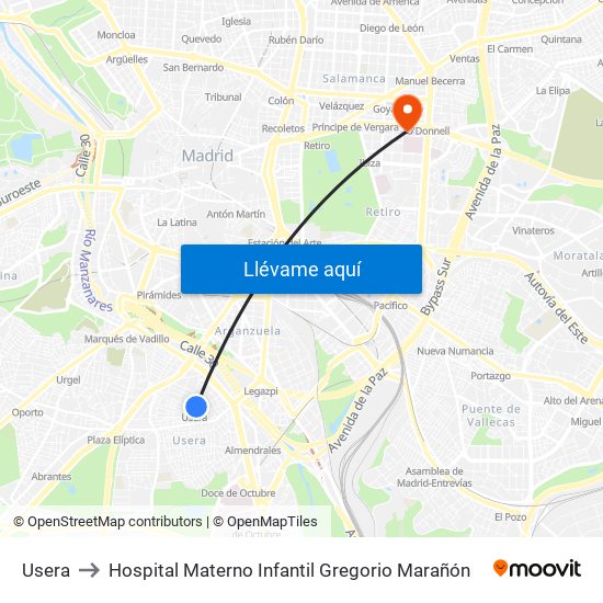 Usera to Hospital Materno Infantil Gregorio Marañón map