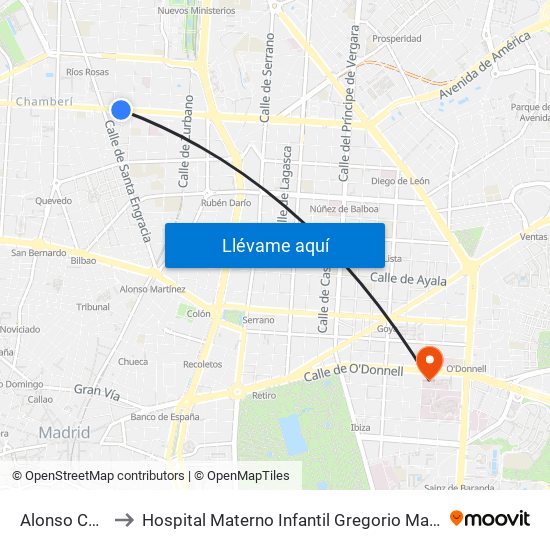 Alonso Cano to Hospital Materno Infantil Gregorio Marañón map