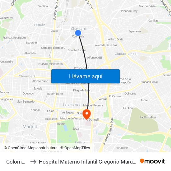 Colombia to Hospital Materno Infantil Gregorio Marañón map