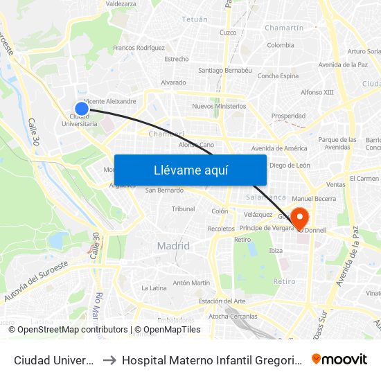 Ciudad Universitaria to Hospital Materno Infantil Gregorio Marañón map