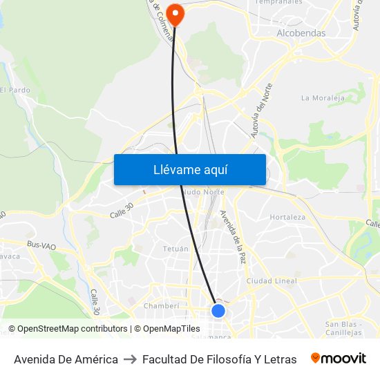 Avenida De América to Facultad De Filosofía Y Letras map