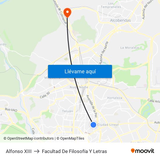 Alfonso XIII to Facultad De Filosofía Y Letras map