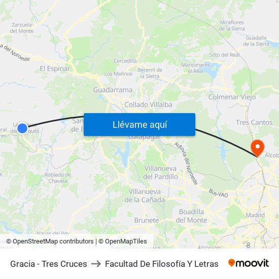 Gracia - Tres Cruces to Facultad De Filosofía Y Letras map
