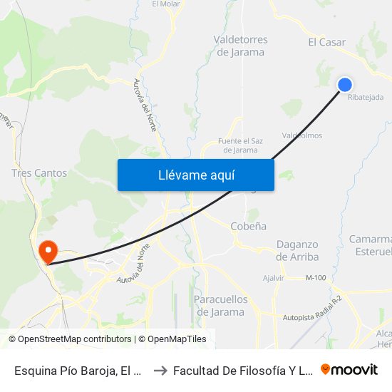 Esquina Pío Baroja, El Casar to Facultad De Filosofía Y Letras map