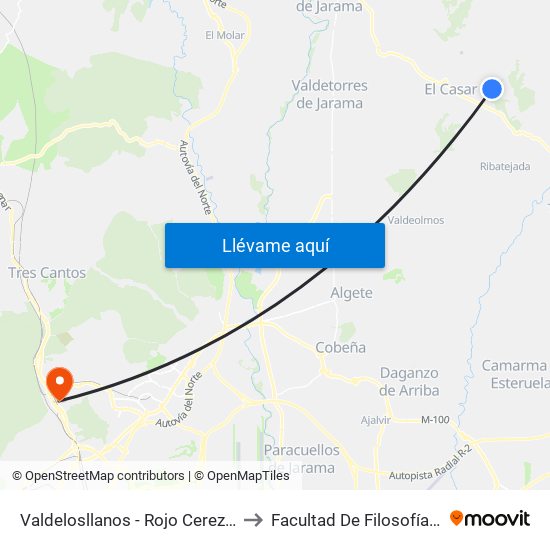 Valdelosllanos - Rojo Cereza, El Casar to Facultad De Filosofía Y Letras map