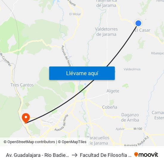 Av. Guadalajara - Río Badiel, El Casar to Facultad De Filosofía Y Letras map
