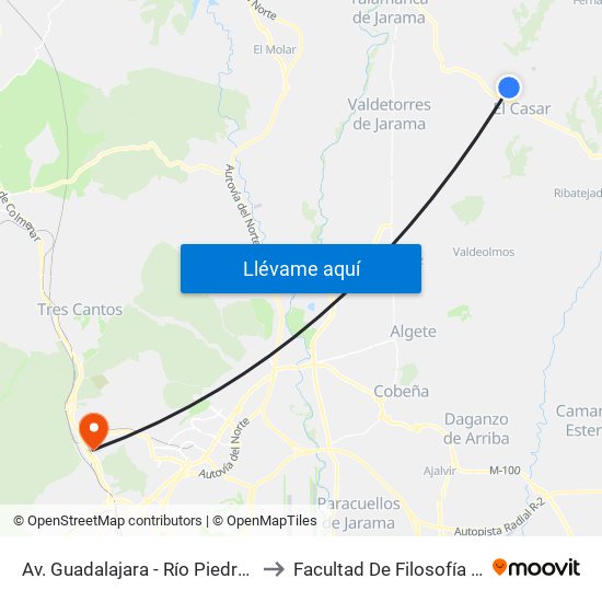 Av. Guadalajara - Río Piedra, El Casar to Facultad De Filosofía Y Letras map