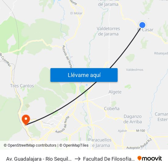 Av. Guadalajara - Río Sequillo, El Casar to Facultad De Filosofía Y Letras map
