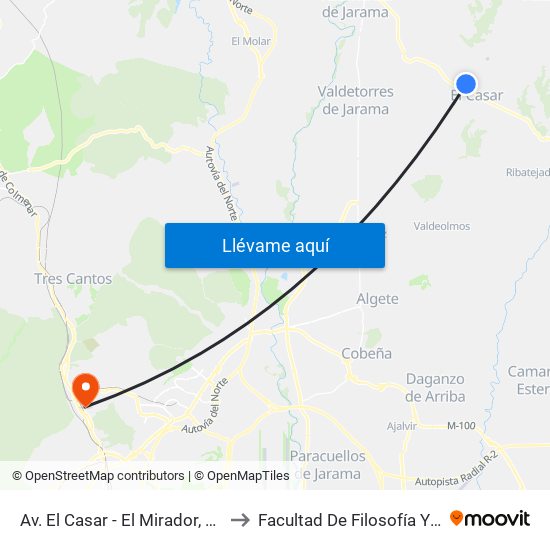 Av. El Casar - El Mirador, El Casar to Facultad De Filosofía Y Letras map