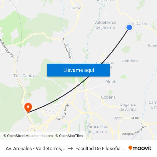 Av. Arenales - Valdetorres, El Casar to Facultad De Filosofía Y Letras map