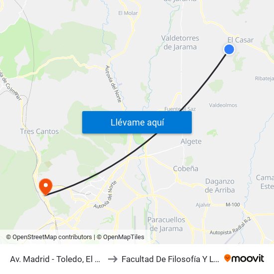 Av. Madrid - Toledo, El Casar to Facultad De Filosofía Y Letras map