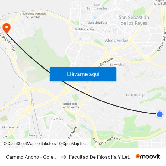 Camino Ancho - Colegio to Facultad De Filosofía Y Letras map