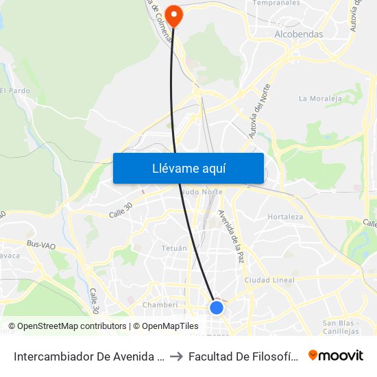 Intercambiador De Avenida De América to Facultad De Filosofía Y Letras map