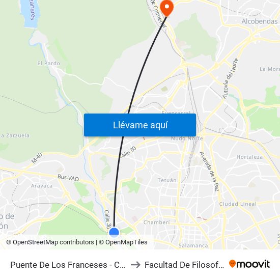 Puente De Los Franceses - Clínica Moncloa to Facultad De Filosofía Y Letras map