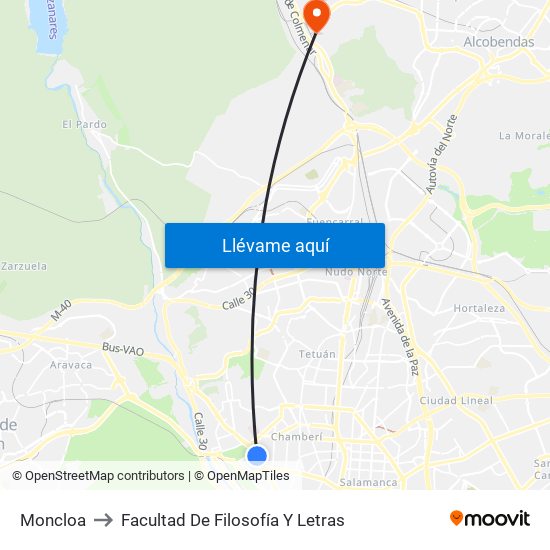 Moncloa to Facultad De Filosofía Y Letras map