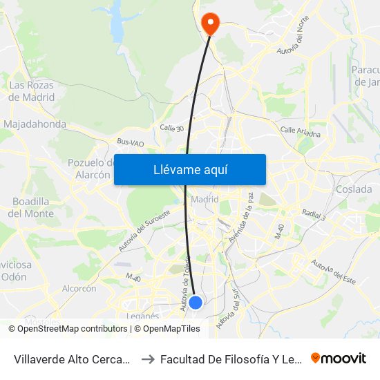 Villaverde Alto Cercanías to Facultad De Filosofía Y Letras map