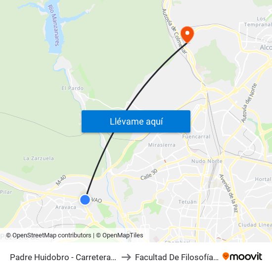 Padre Huidobro - Carretera De Castilla to Facultad De Filosofía Y Letras map