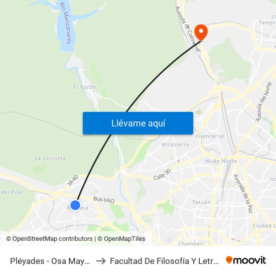 Pléyades - Osa Mayor to Facultad De Filosofía Y Letras map