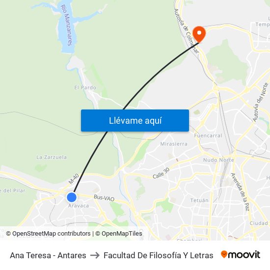Ana Teresa - Antares to Facultad De Filosofía Y Letras map