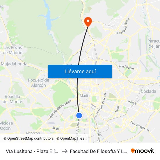 Vía Lusitana - Plaza Elíptica to Facultad De Filosofía Y Letras map