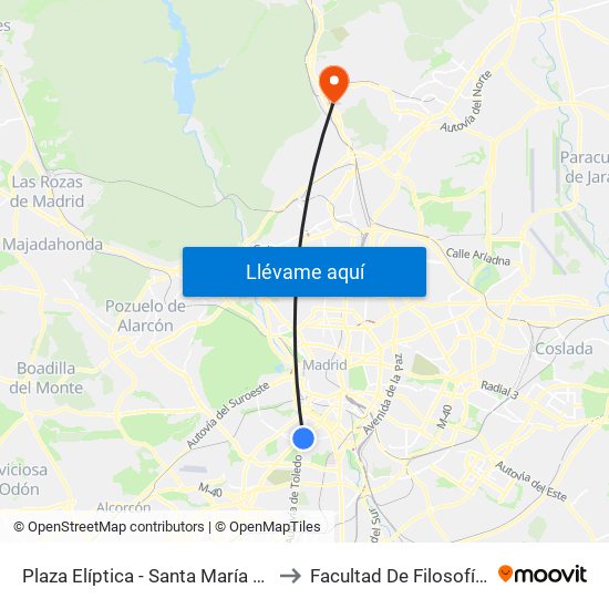 Plaza Elíptica - Santa María De La Cabeza to Facultad De Filosofía Y Letras map