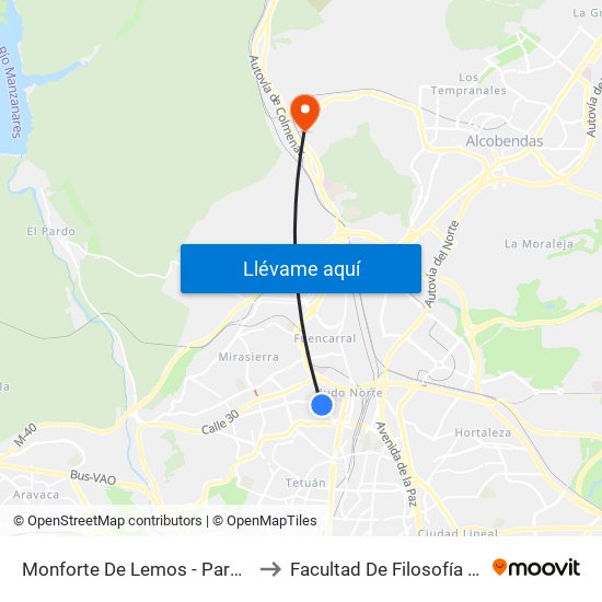 Monforte De Lemos - Parque Norte to Facultad De Filosofía Y Letras map