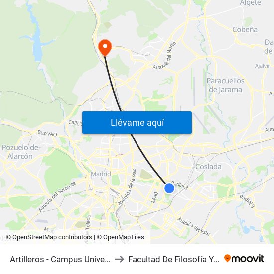 Artilleros - Campus Universitario to Facultad De Filosofía Y Letras map