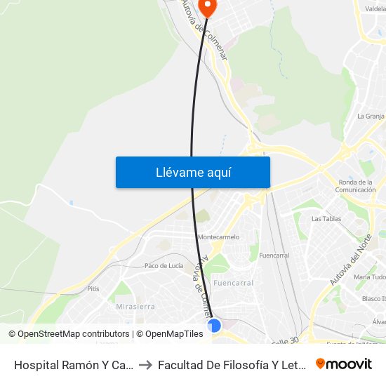 Hospital Ramón Y Cajal to Facultad De Filosofía Y Letras map