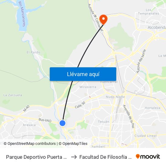 Parque Deportivo Puerta De Hierro to Facultad De Filosofía Y Letras map