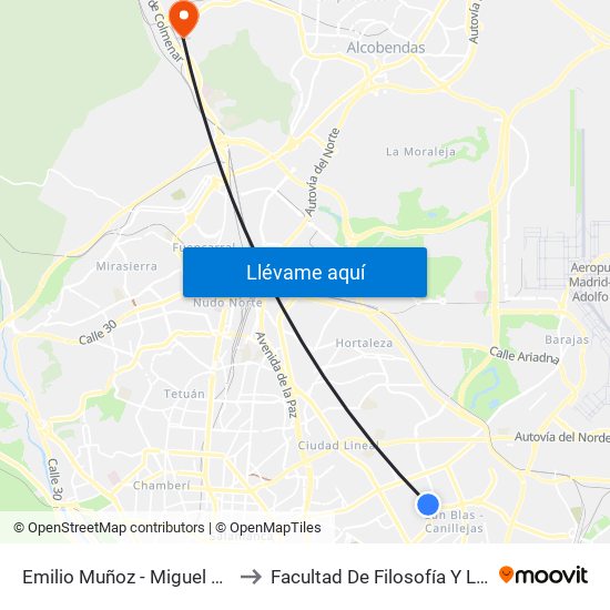 Emilio Muñoz - Miguel Yuste to Facultad De Filosofía Y Letras map