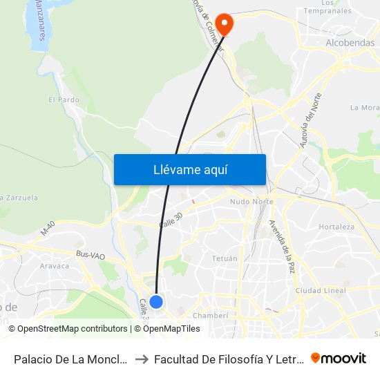Palacio De La Moncloa to Facultad De Filosofía Y Letras map