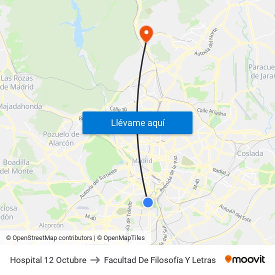 Hospital 12 Octubre to Facultad De Filosofía Y Letras map