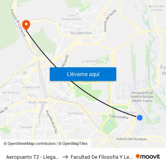 Aeropuerto T2 - Llegadas to Facultad De Filosofía Y Letras map