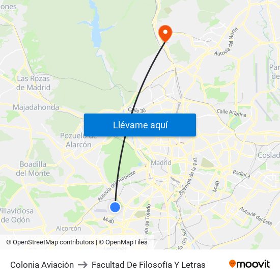 Colonia Aviación to Facultad De Filosofía Y Letras map
