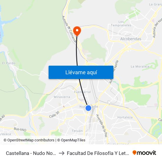 Castellana - Nudo Norte to Facultad De Filosofía Y Letras map