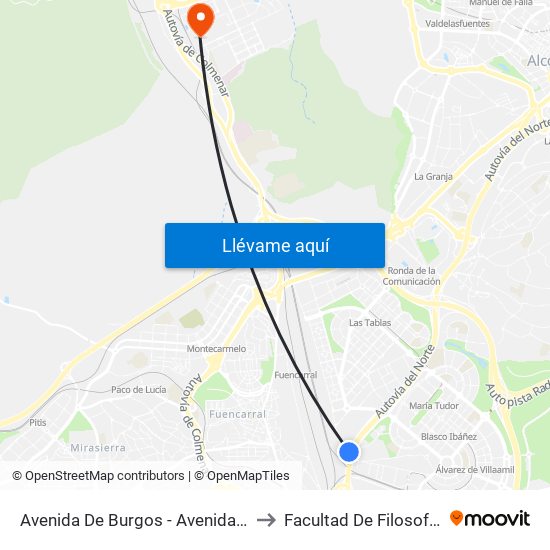 Avenida De Burgos - Avenida De Manoteras to Facultad De Filosofía Y Letras map