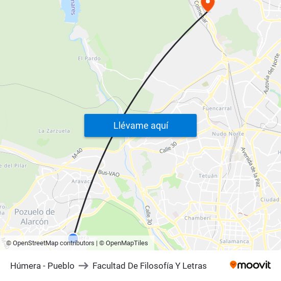 Húmera - Pueblo to Facultad De Filosofía Y Letras map