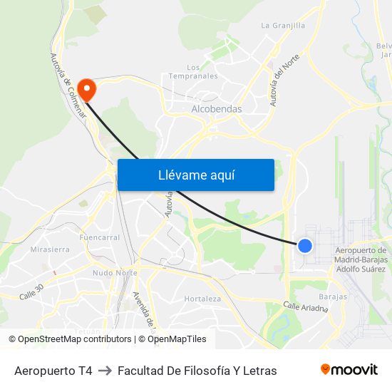 Aeropuerto T4 to Facultad De Filosofía Y Letras map