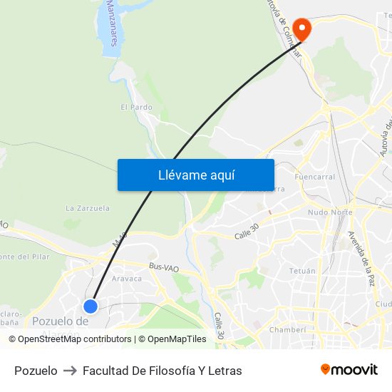 Pozuelo to Facultad De Filosofía Y Letras map