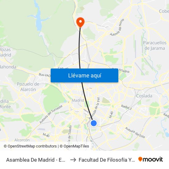 Asamblea De Madrid - Entrevías to Facultad De Filosofía Y Letras map