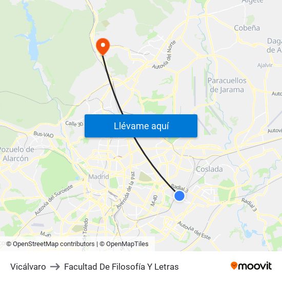 Vicálvaro to Facultad De Filosofía Y Letras map