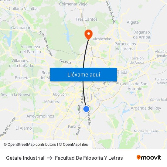 Getafe Industrial to Facultad De Filosofía Y Letras map