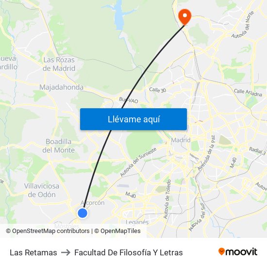 Las Retamas to Facultad De Filosofía Y Letras map
