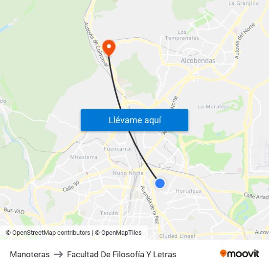 Manoteras to Facultad De Filosofía Y Letras map