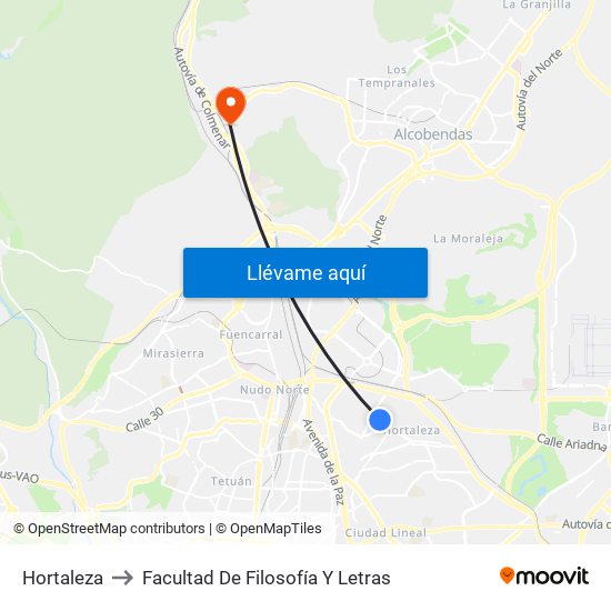 Hortaleza to Facultad De Filosofía Y Letras map