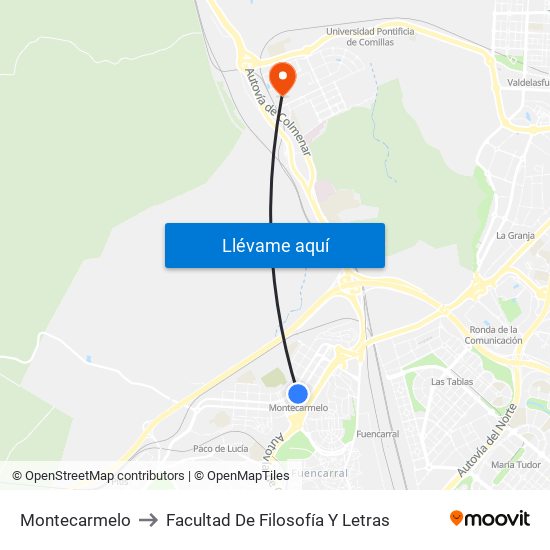 Montecarmelo to Facultad De Filosofía Y Letras map