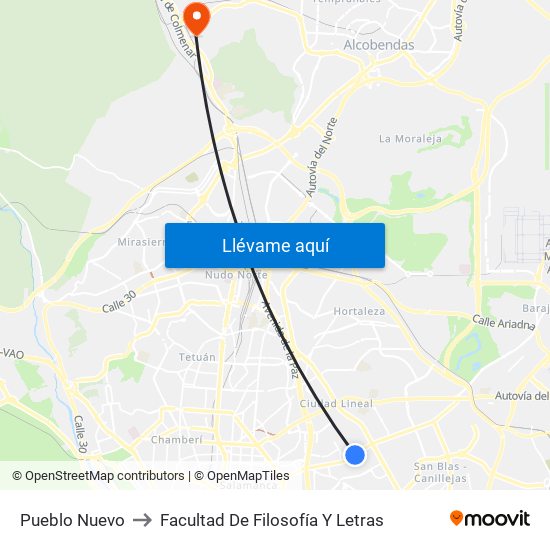 Pueblo Nuevo to Facultad De Filosofía Y Letras map