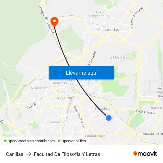 Canillas to Facultad De Filosofía Y Letras map