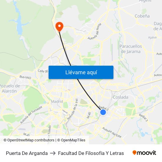 Puerta De Arganda to Facultad De Filosofía Y Letras map